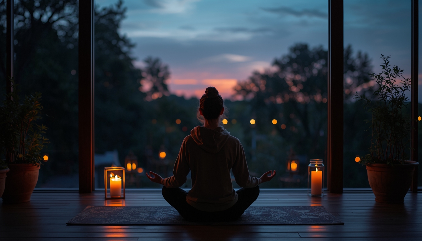 Person practicing evening meditation in a serene space
